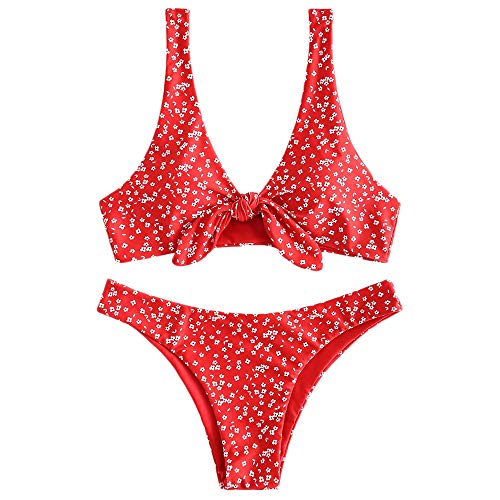 ZAFUL - Conjunto de bikini para mujer, diseño de flores, cintura baja, nudo delantero, dos piezas rojo L