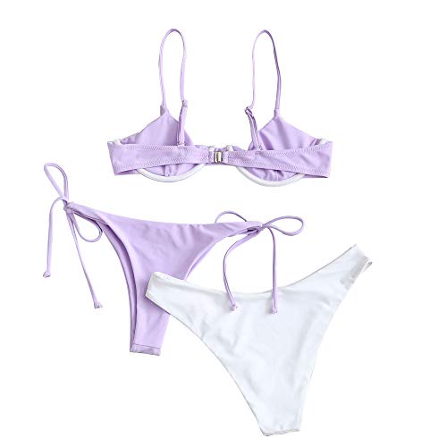 ZAFUL - Conjunto de bikini para mujer, parte superior con aros, push-up, escote balconette e inferior tipo tanga con lazos en los laterales Morado de tres piezas. S