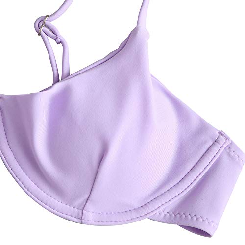 ZAFUL - Conjunto de bikini para mujer, parte superior con aros, push-up, escote balconette e inferior tipo tanga con lazos en los laterales Morado de tres piezas. S