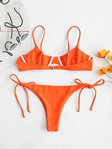 ZAFUL - Conjunto de bikini para mujer, parte superior con aros, push-up, escote balconette e inferior tipo tanga con lazos en los laterales naranja M