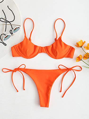 ZAFUL - Conjunto de bikini para mujer, parte superior con aros, push-up, escote balconette e inferior tipo tanga con lazos en los laterales naranja M