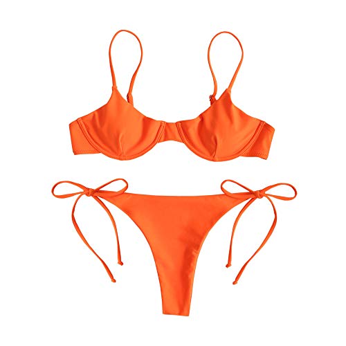 ZAFUL - Conjunto de bikini para mujer, parte superior con aros, push-up, escote balconette e inferior tipo tanga con lazos en los laterales naranja M