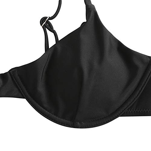 ZAFUL - Conjunto de bikini para mujer, parte superior con aros, push-up, escote balconette e inferior tipo tanga con lazos en los laterales Negro de tres piezas. M