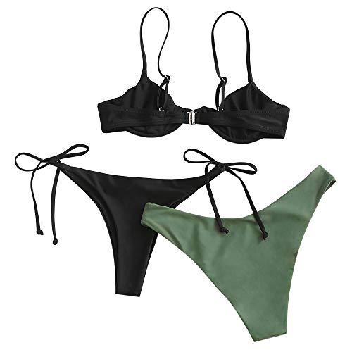 ZAFUL - Conjunto de bikini para mujer, parte superior con aros, push-up, escote balconette e inferior tipo tanga con lazos en los laterales Negro de tres piezas. S