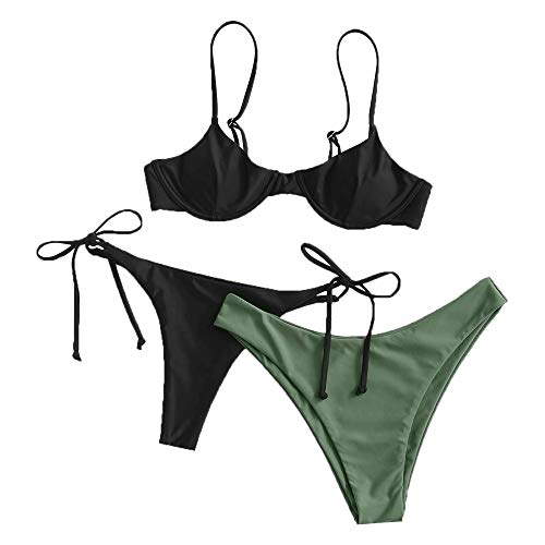 ZAFUL - Conjunto de bikini para mujer, parte superior con aros, push-up, escote balconette e inferior tipo tanga con lazos en los laterales Negro de tres piezas. S