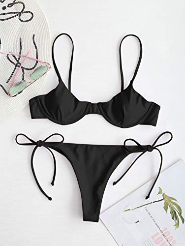 ZAFUL - Conjunto de bikini para mujer, parte superior con aros, push-up, escote balconette e inferior tipo tanga con lazos en los laterales Negro S