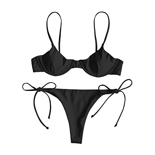 ZAFUL - Conjunto de bikini para mujer, parte superior con aros, push-up, escote balconette e inferior tipo tanga con lazos en los laterales Negro S