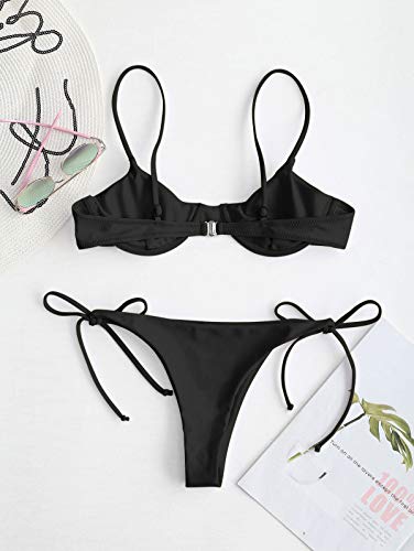 ZAFUL - Conjunto de bikini para mujer, parte superior con aros, push-up, escote balconette e inferior tipo tanga con lazos en los laterales Negro S