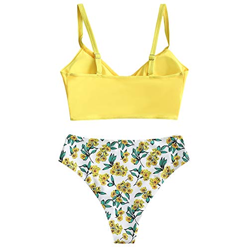 ZAFUL Conjunto de bikini para mujer push up de cintura alta, diseño floral amarillo S