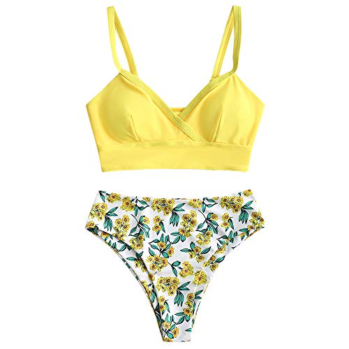 ZAFUL Conjunto de bikini para mujer push up de cintura alta, diseño floral amarillo S
