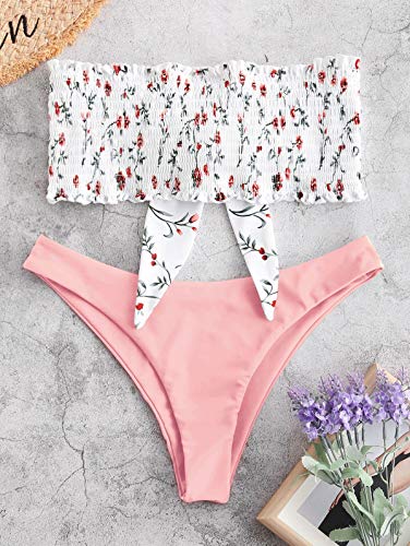 Zaful - Conjunto de bikini tipo banda sin tirantes ni forro, plisado y elástico, con diseño floral y anudado Rosa. L
