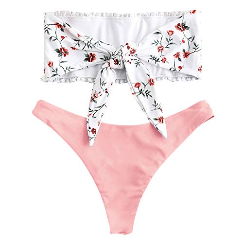 Zaful - Conjunto de bikini tipo banda sin tirantes ni forro, plisado y elástico, con diseño floral y anudado Rosa. L
