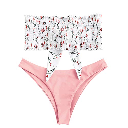 Zaful - Conjunto de bikini tipo banda sin tirantes ni forro, plisado y elástico, con diseño floral y anudado Rosa. L