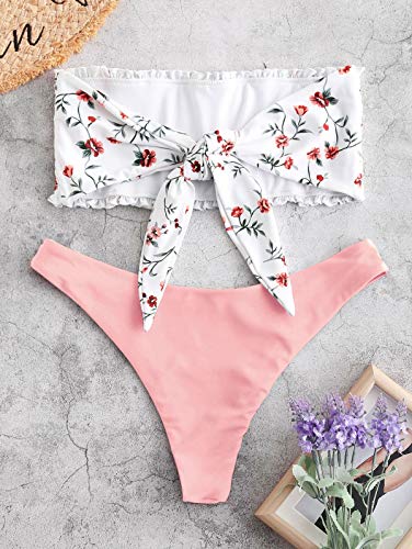 Zaful - Conjunto de bikini tipo banda sin tirantes ni forro, plisado y elástico, con diseño floral y anudado Rosa. L