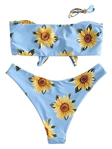 ZAFUL conjunto de bikini tipo bandeau con estampado de girasol frontal y nudo con correa extraíble para mujer -  Azul Cielo -  Small