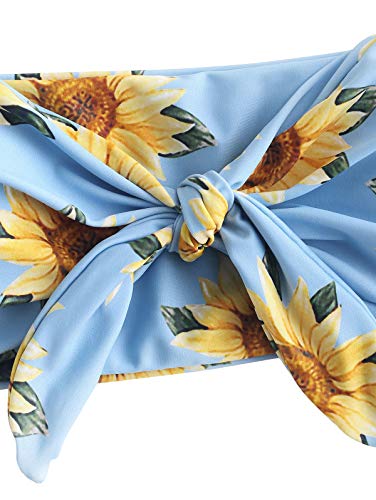 ZAFUL conjunto de bikini tipo bandeau con estampado de girasol frontal y nudo con correa extraíble para mujer -  Azul Cielo -  Small