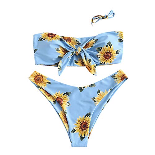 ZAFUL conjunto de bikini tipo bandeau con estampado de girasol frontal y nudo con correa extraíble para mujer -  Azul Cielo -  Small