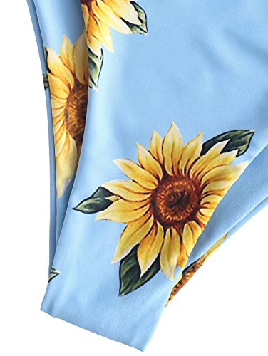 ZAFUL conjunto de bikini tipo bandeau con estampado de girasol frontal y nudo con correa extraíble para mujer -  Azul Cielo -  Small