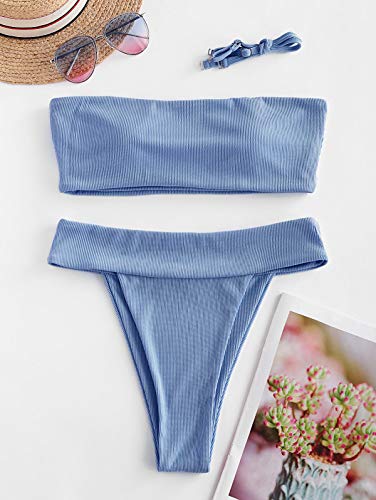 ZAFUL Conjunto de bikini tipo bandeau para mujer, de un solo color, con tirantes de espalda sexy, de nailon de corte alto, traje de baño para verano azul M