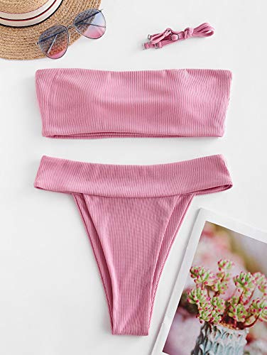 ZAFUL Conjunto de bikini tipo bandeau para mujer, de un solo color, con tirantes de espalda sexy, de nailon de corte alto, traje de baño para verano Rosa. L