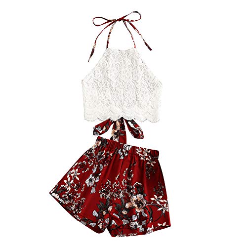 ZAFUL Conjunto de camiseta y pantalones cortos para mujer con estampado floral rojo M