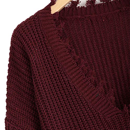 Zaful - Jersey de manga larga con cuello en V, talla única borgoña Tallaúnica