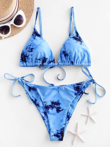 ZAFUL Mujer Bikini Conjunto, Copa Triangular de Encaje con Estampado Tie Dye (Azul, S)