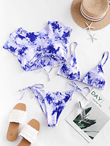 ZAFUL Mujer Bikini Conjunto, Copa Triangular de Encaje con Estampado Tie Dye + Chaleco Superior de Tres Piezas Cintura Baja Shorts (Azul, L)