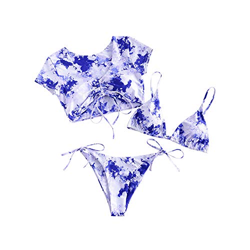 ZAFUL Mujer Bikini Conjunto, Copa Triangular de Encaje con Estampado Tie Dye + Chaleco Superior de Tres Piezas Cintura Baja Shorts (Azul, L)