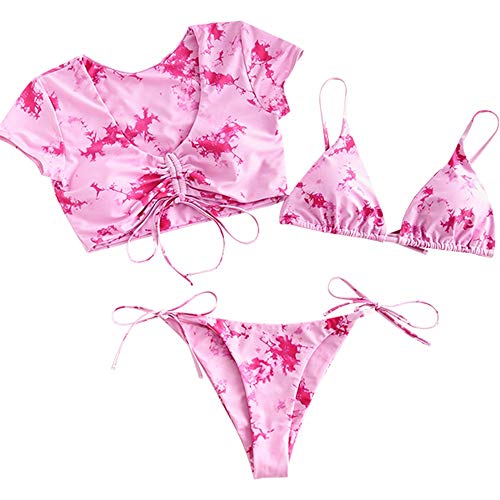 ZAFUL Mujer Bikini Conjunto, Copa Triangular de Encaje con Estampado Tie Dye + Chaleco Superior de Tres Piezas Cintura Baja Shorts (Violeta, L)