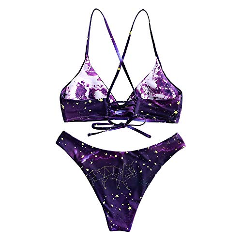 ZAFUL - Traje de baño acolchado para mujer, en diseño de galaxia, con tirantes, juego de bikini morado L