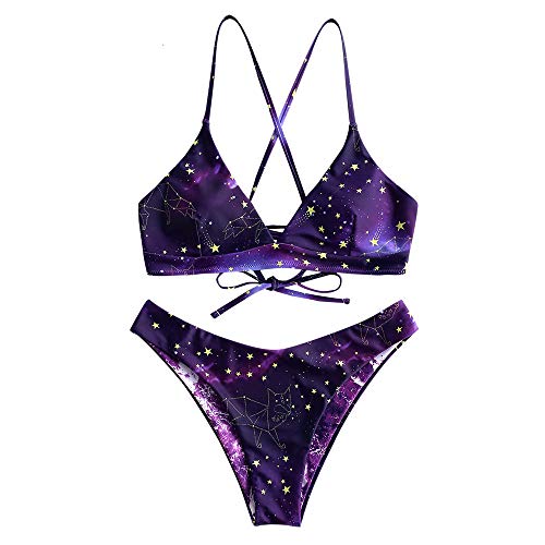 ZAFUL - Traje de baño acolchado para mujer, en diseño de galaxia, con tirantes, juego de bikini morado L