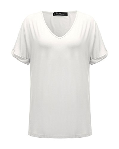 ZANZEA Camisetas Mujer Manga Corta Holgada Top Tallas Grandes Baratas Cuello V Casual Blusa Suelta T Shirt 01-Blanco 3XL
