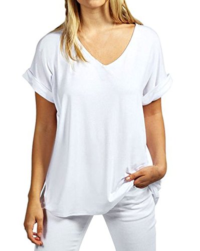 ZANZEA Camisetas Mujer Manga Corta Holgada Top Tallas Grandes Baratas Cuello V Casual Blusa Suelta T Shirt 01-Blanco 3XL