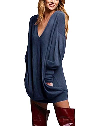 ZANZEA Jerseys de Punto Mujer Largos Cuello V Manga Larga Otoño Vestidos Sudadera Casual Tallas Grandes Suéter Suelta Azul S