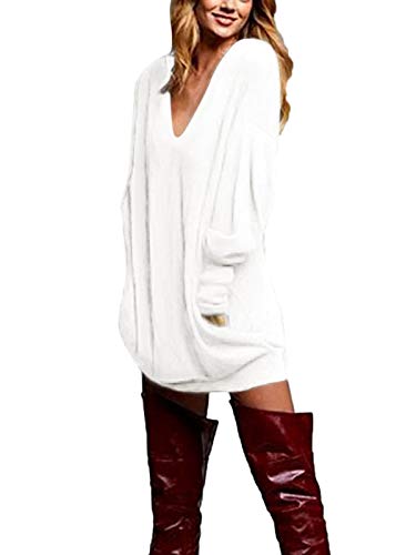 ZANZEA Jerseys de Punto Mujer Largos Cuello V Manga Larga Otoño Vestidos Sudadera Casual Tallas Grandes Suéter Suelta Blanco 3XL