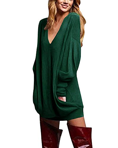 ZANZEA Jerseys de Punto Mujer Largos Cuello V Manga Larga Otoño Vestidos Sudadera Casual Tallas Grandes Suéter Suelta Verde M
