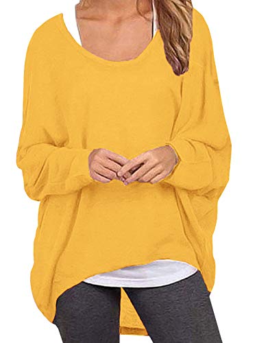 ZANZEA Mujer Camiseta Manga Larga Jersey Manga Murciélago Sexy Suéter Suelta Irregular Sudadera Casual 01-Amarillo M