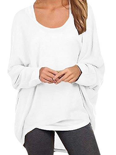 ZANZEA Mujer Camiseta Manga Larga Jersey Manga Murciélago Sexy Suéter Suelta Irregular Sudadera Casual 01-Blanco 5XL