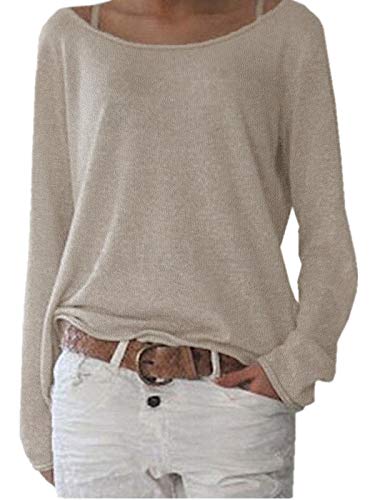 ZANZEA Mujer Camisetas Holgada Cardigan Manga Larga Suelta Blusa Jersey Pullover Casual Tops Beige M