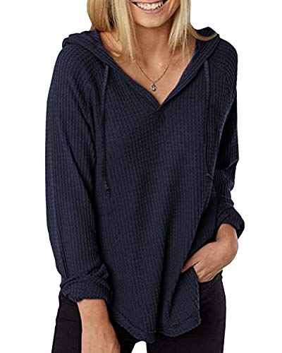 Zanzea Mujer Camisetas Tallas Grandes Blusa Irregular Cuello V Manga Larga Color Sólido Casual Tops Jersey de Punto 02-Azul Oscuro XL