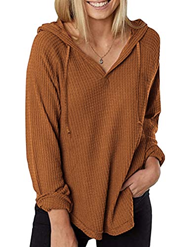 Zanzea Mujer Camisetas Tallas Grandes Blusa Irregular Cuello V Manga Larga Color Sólido Casual Tops Jersey de Punto 02-Marrón Claro M