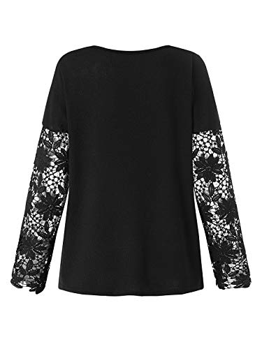 ZANZEA Mujer Camisetas Tallas Grandes Cuello Redondo Manga Larga Pullover Casual Tops Jersey Holgada Encaje Negro XXL