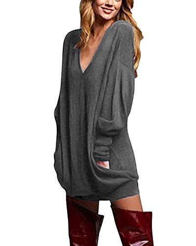 ZANZEA Mujer Jersey de Punto Largos Cuello V Manga Larga Otoño Vestidos Sudadera Casual Tallas Grandes Suéter Suelta Gris Oscuro 3XL