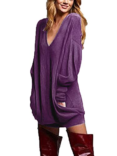 ZANZEA Mujer Jersey de Punto Largos Cuello V Manga Larga Otoño Vestidos Sudadera Casual Tallas Grandes Suéter Suelta Violeta S
