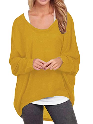 ZANZEA Mujer Jersey Manga de Murciélago Irregular Tallas Grandes Casual Tops Sexy Suéter Suelta Camiseta Manga Larga 01-Amarillo Oscuro XXL