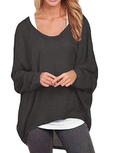 ZANZEA Mujer Jersey Manga de Murciélago Irregular Tallas Grandes Casual Tops Sexy Suéter Suelta Camiseta Manga Larga 01-Gris Oscuro XXL