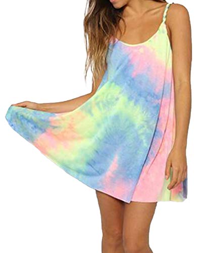 ZANZEA Mujer Mini Vestidos Sin Mangas con Cuello Redondo Chaleco Playa Camiseta Larga 001-colorido 2 L