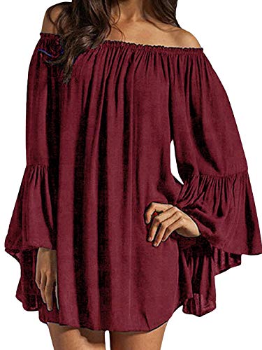 ZANZEA Mujer Vestido Corto Manga Larga Sin Hombros Camisa Casual Camiseta Fiesta Túnica Blusa Primavera Verano 06-Rojo con Forro L