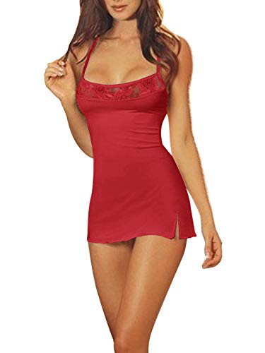 ZANZEA Mujeres Conjunto Lencería Encaje Sexy Pijama Vestido Correa Stretch Bodycon Mini Camisón con G-Secuencia 01-Rojo M